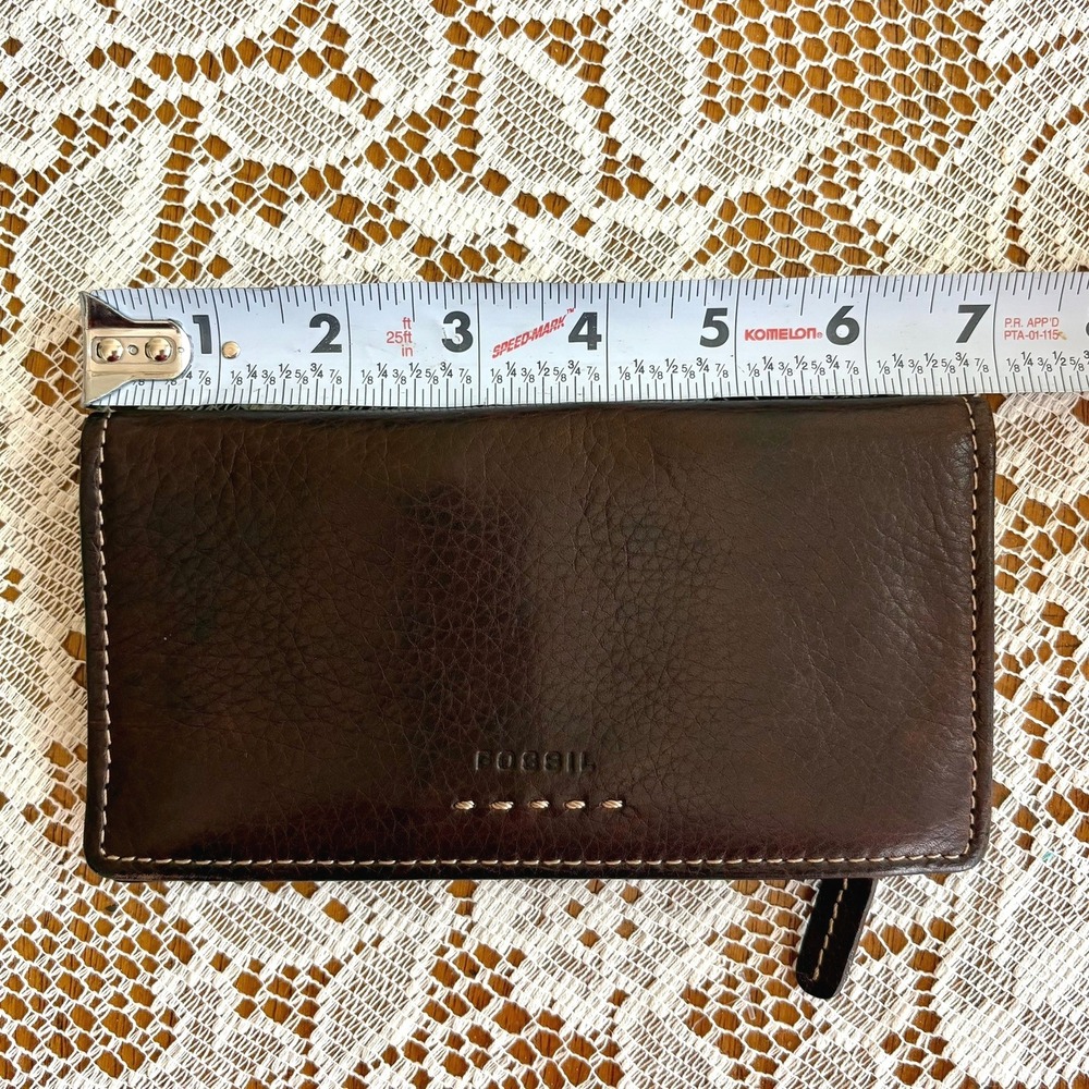 Vintage Fossil Dark Brown Genuine Leather Slim Long Wallet Checkbook Clutch 90s